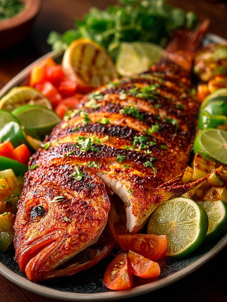 Close-up van een perfect gegrilde Zarandeado Fisch, met knapperige huid en sappig visvlees, geserveerd met verse kruiden.