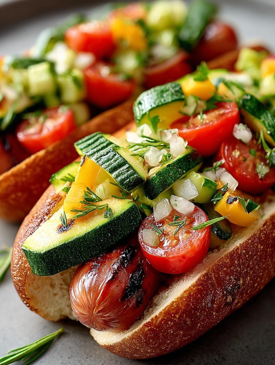 Close-up van een perfect gegrilde Zucchini Broetchen Hot Dog met verse toppings