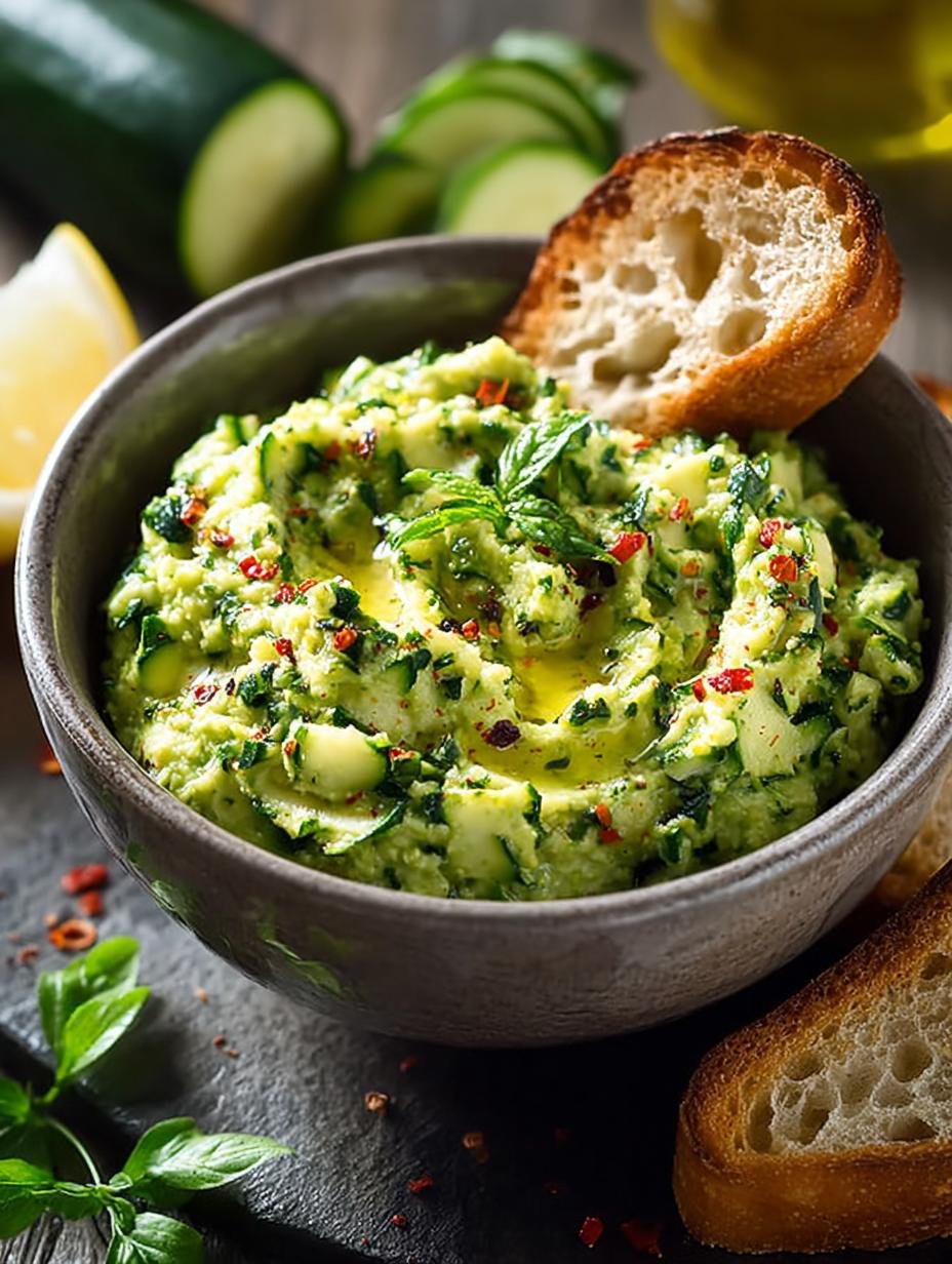 Een kom met Zucchini Dip omringd door verse groentesticks zoals wortel, komkommer en paprika, perfect voor een gezonde snack.