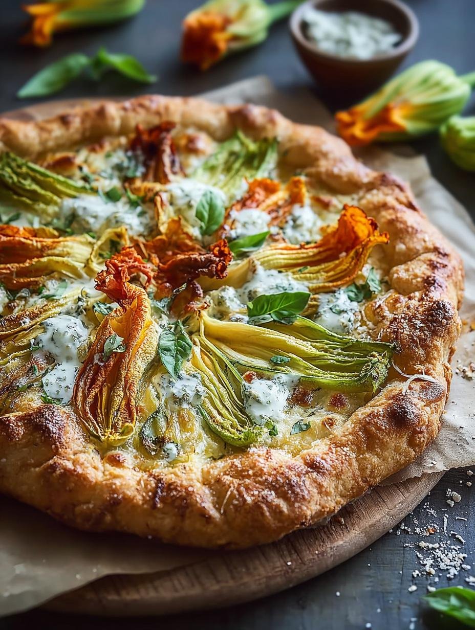 Heerlijke Zucchini Flower Pizza met bruine boterricotta en verse courgettebloemen, klaar om te serveren