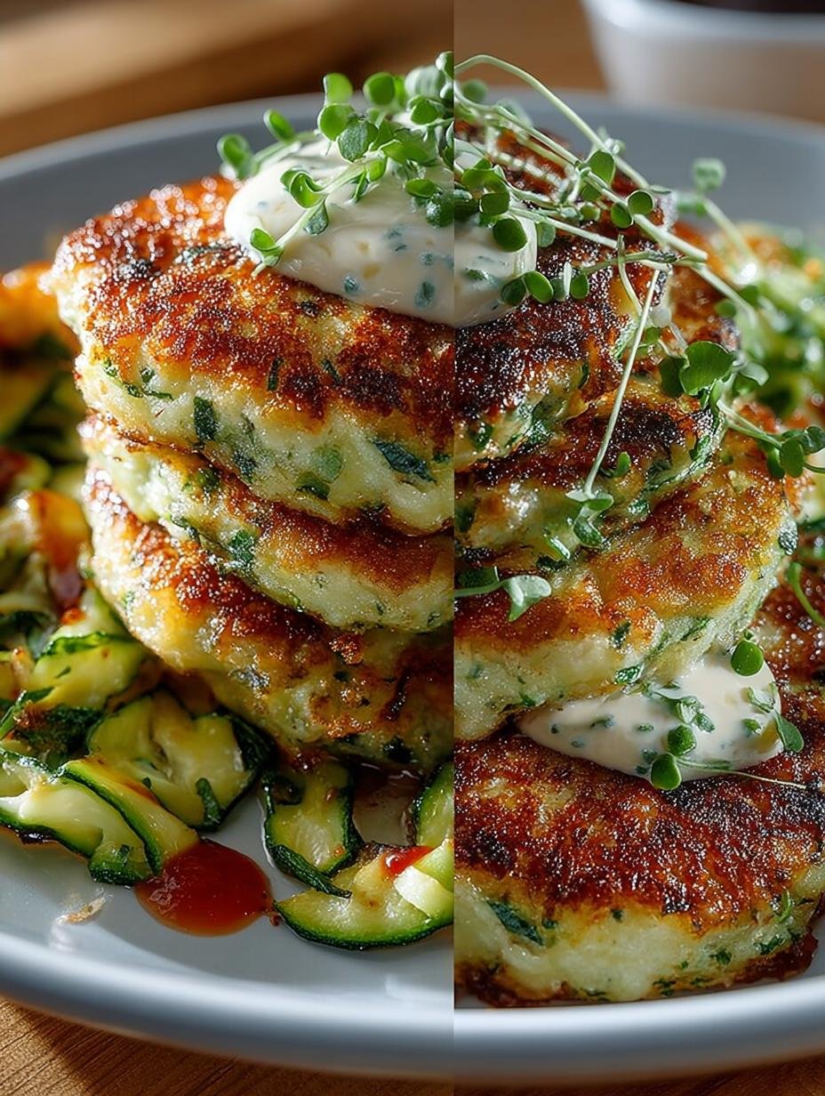 Verse Zucchini Puffer Recepten Met kaas en spek, geserveerd met een frisse yoghurtdip en kruiden