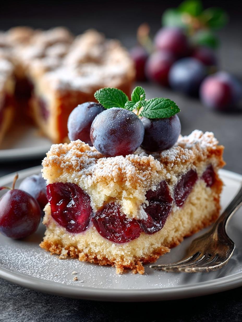 Heerlijke Zwetschgenkuchen Traditioneller Pflaumenkuchen Vom vers uit de oven, bestrooid met kaneel en suiker, klaar om te serveren