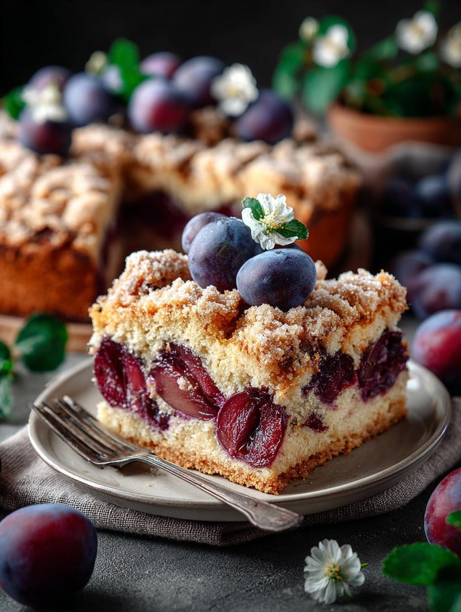 Close-up van een plak Zwetschgenkuchen Traditioneller Pflaumenkuchen Vom met sappige pruimen en een zachte bodem
