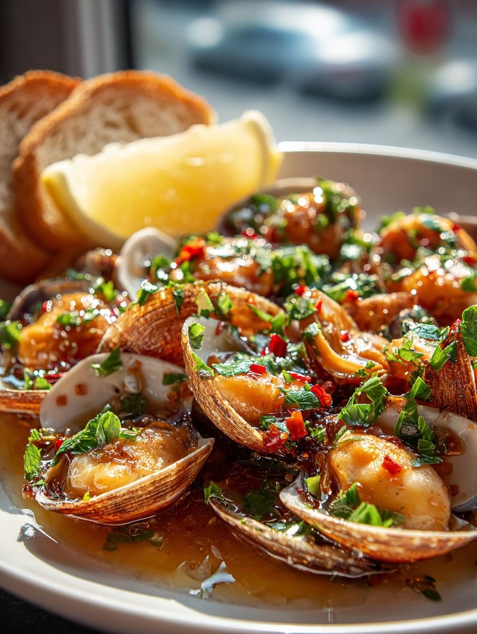 Ameijoas Bulhão Pato recept: Ontzagwekkend in 6 stappen - Ameijoas Bulhao Pato Rezept - close-up van de heerlijke saus met mosselen en kruiden