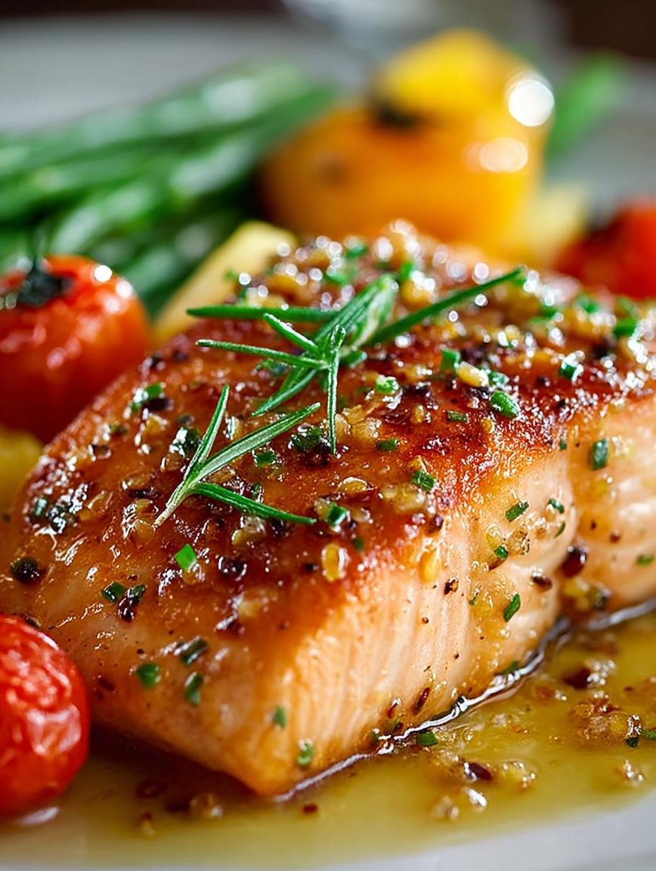 Heerlijke Apricot Dijon Glazed Salmon met een glanzend glazuur, geserveerd met verse kruiden en citroenpartjes, klaar om van te genieten.