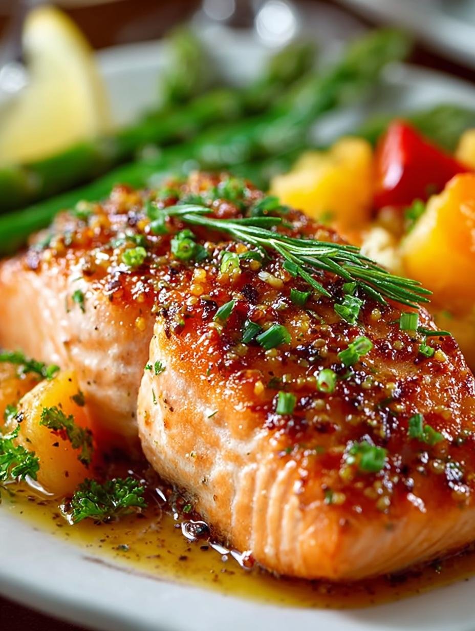 Close-up van perfect gebakken Apricot Dijon Glazed Salmon, glanzend en goudbruin, met een hint van verse kruiden.