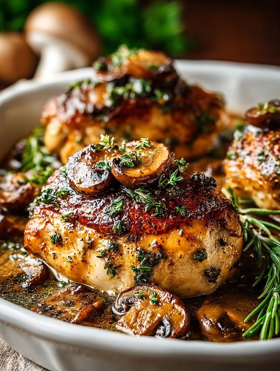 Heerlijke Baked Mushroom Chicken met romige saus en gesmolten kaas, klaar om te serveren