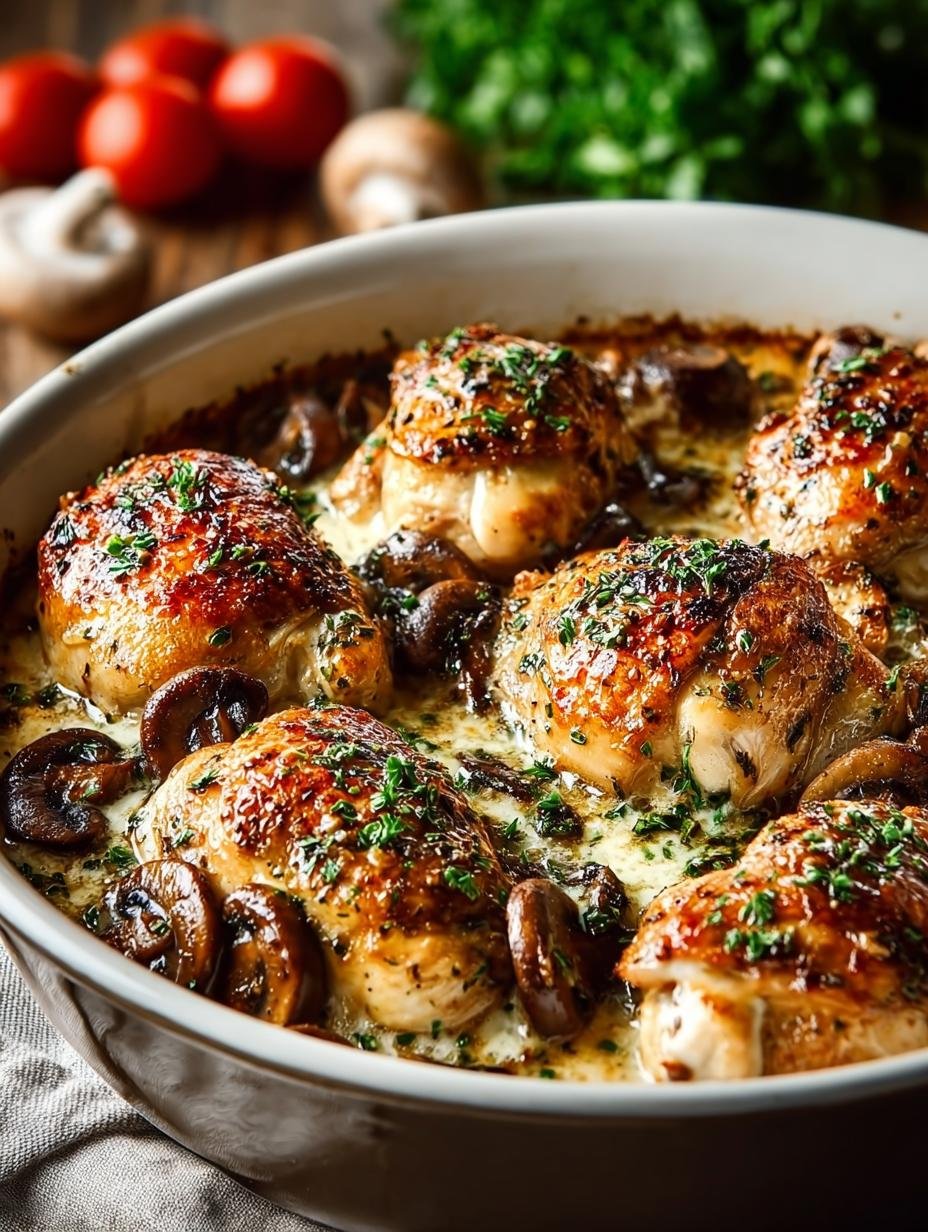 Close-up van Baked Mushroom Chicken met gesmolten mozzarella en verse peterselie