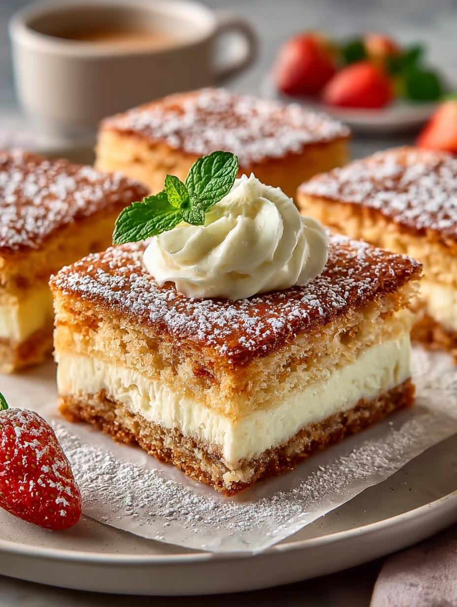 Heerlijke Blitzschneller Rahmkuchen Vom Blech, vers uit de oven, gesneden in perfecte vierkanten, klaar om te serveren.