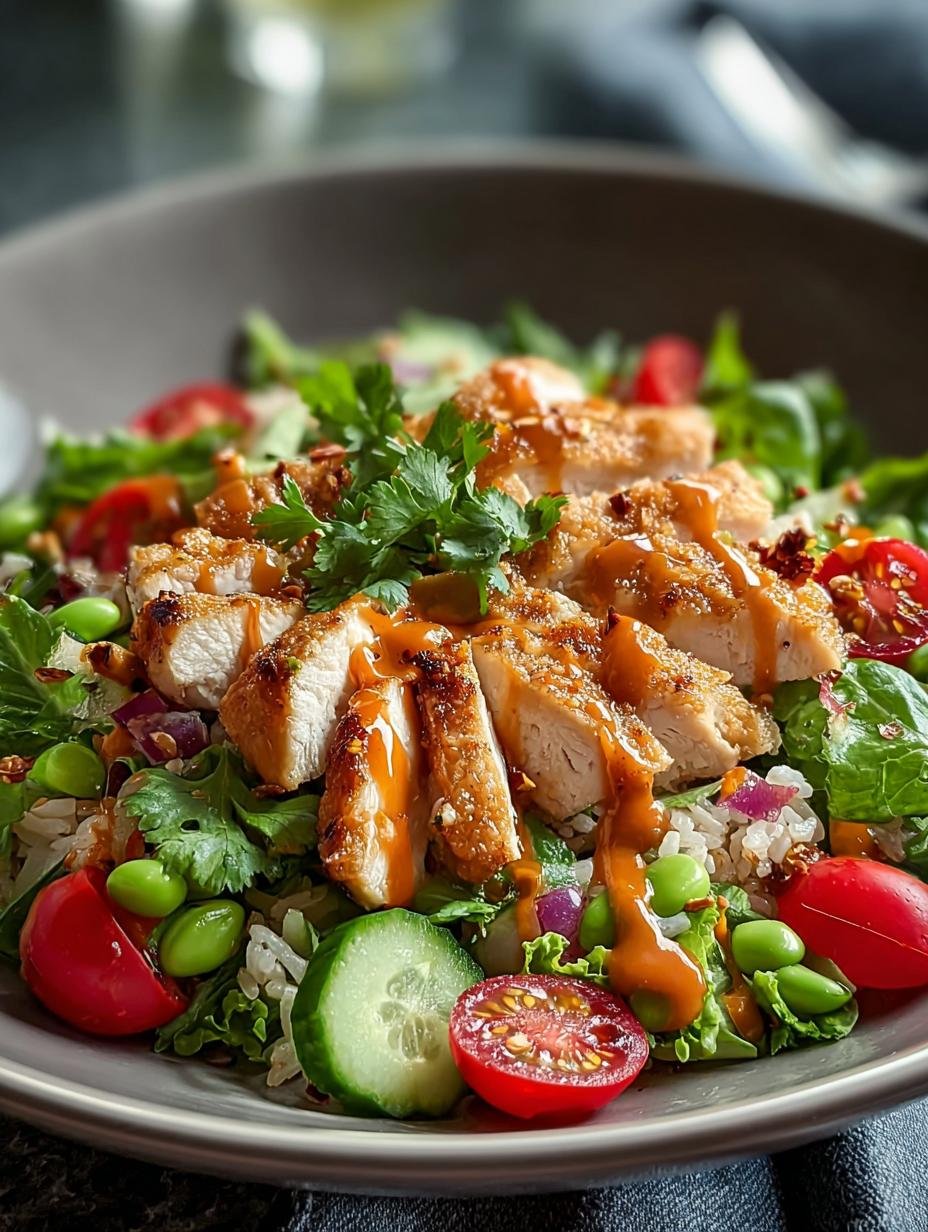 Verrukkelijke Chicken Crispy Rice Salad met malse kip en knapperige rijst, klaar om te serveren.