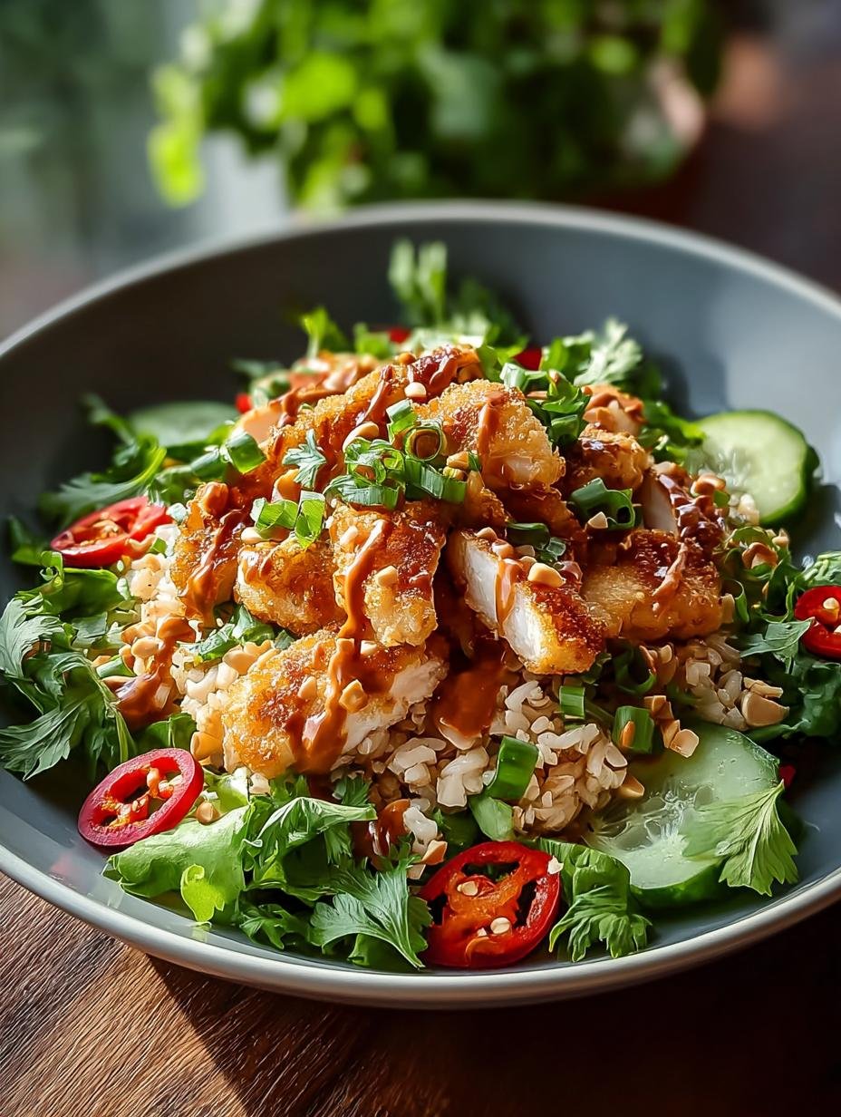 Smaakvolle Chicken Crispy Rice Salad met verse groenten en een romige pindadressing, een perfecte maaltijd.