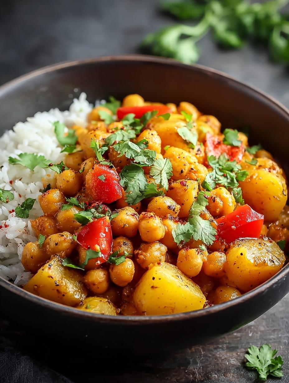 Heerlijke Chickpea Curry Spiced Potato met verse koriander en limoen, klaar om te serveren