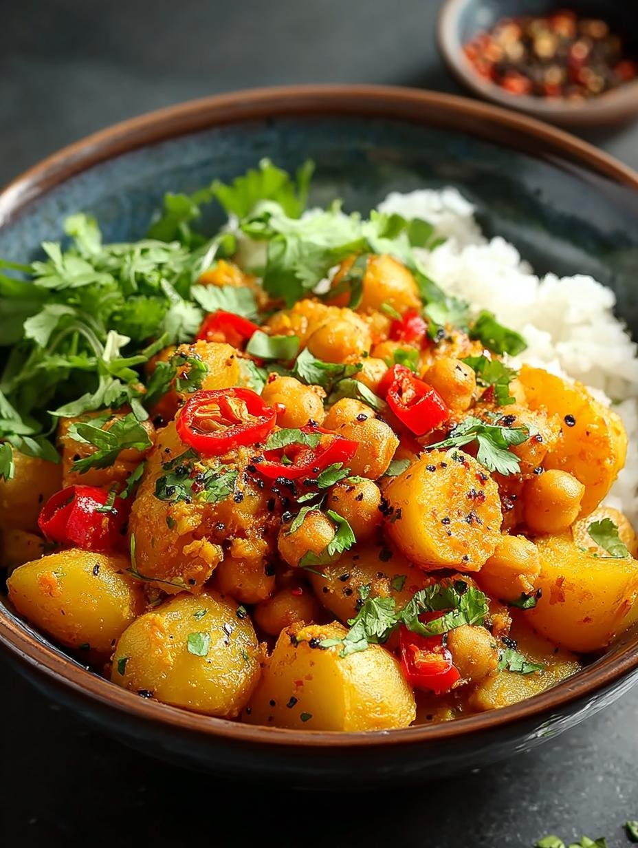 Close-up van een kom Chickpea Curry Spiced Potato, rijk aan kruiden en textuur