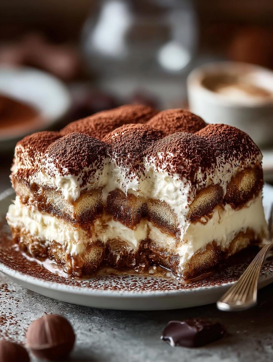 Close-up van een portie Chocolade Tiramisu met lagen van chocoladeroom en Savoiardi koekjes