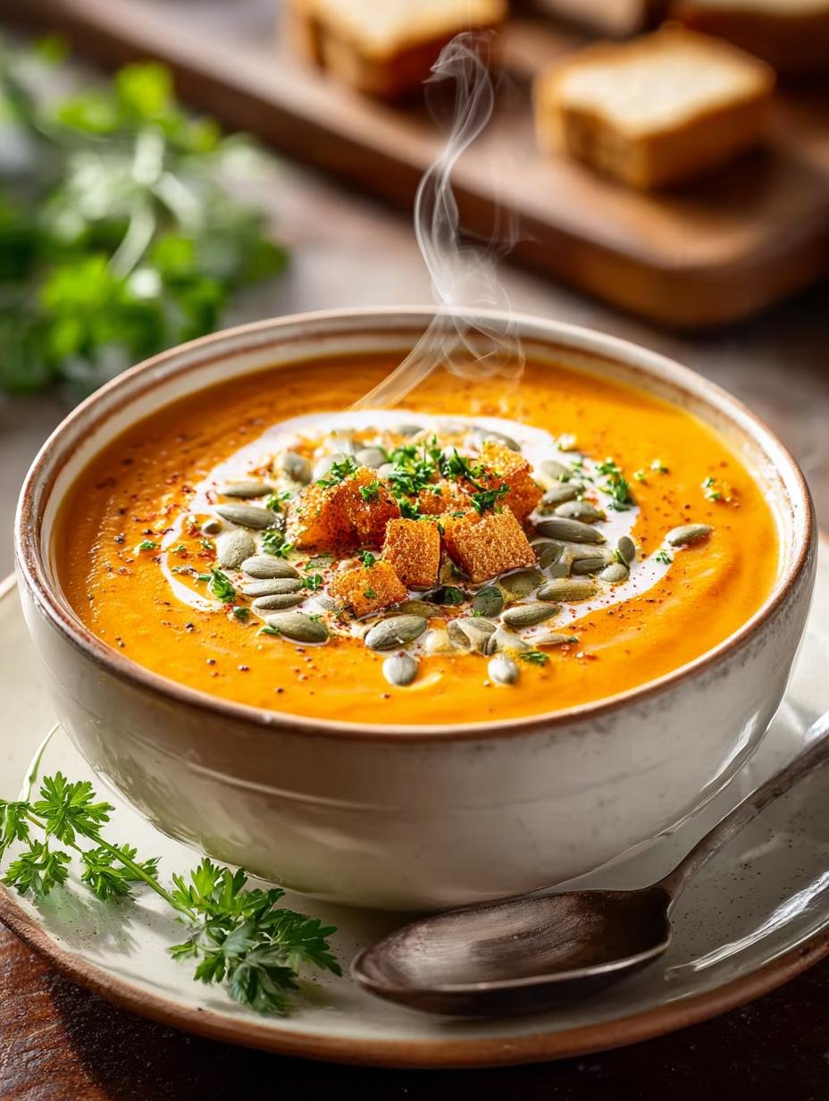 Verrukkelijke Cremige Kürbissuppe: Een eenvoudig herfstrecept met verse pompoen en room, perfect voor koude dagen.