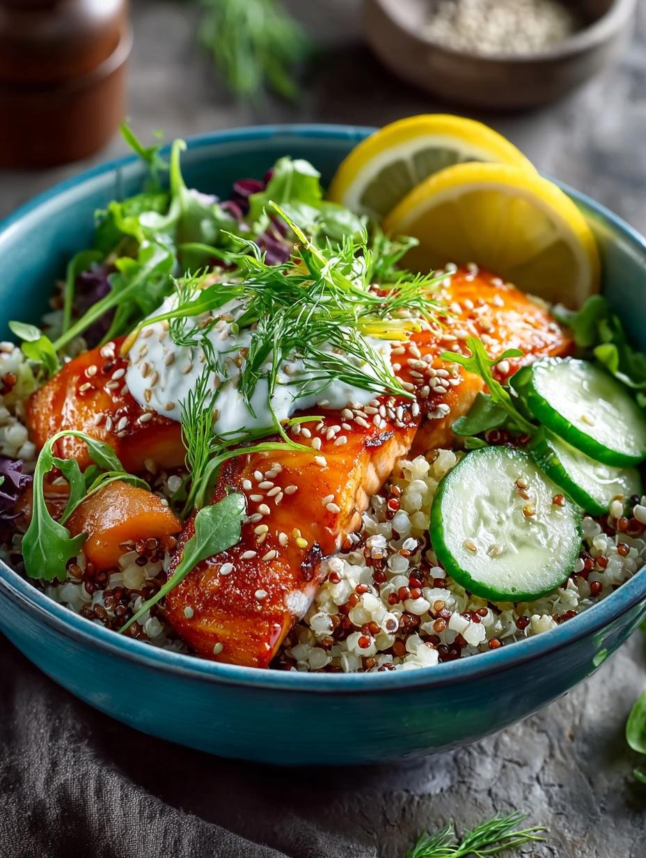 Heerlijke Crunchy Brown Rice Bowls met zalm, komkommer en tahinidressing, klaar om te eten
