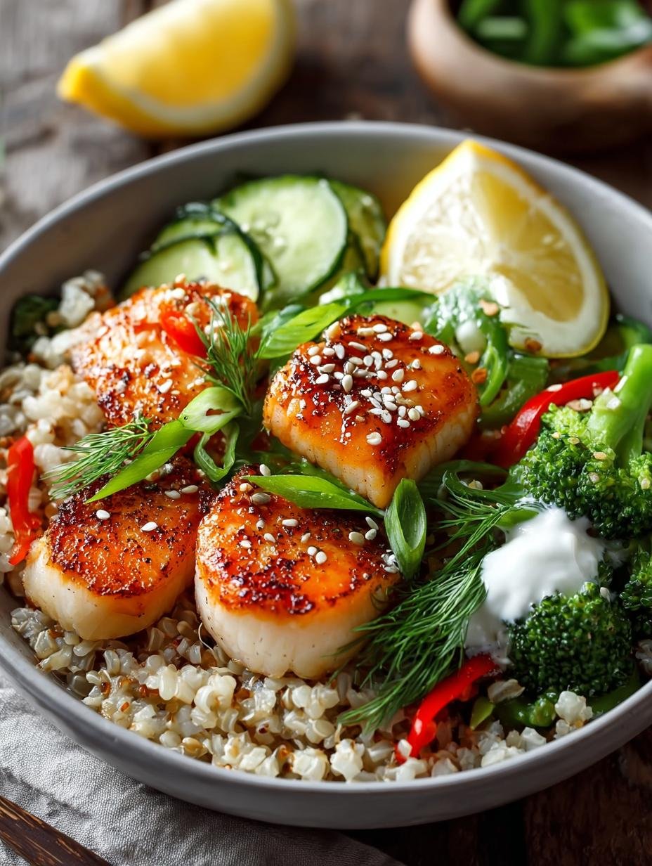Close-up van een Crunchy Brown Rice Bowl met zalm, komkommer en verse kruiden