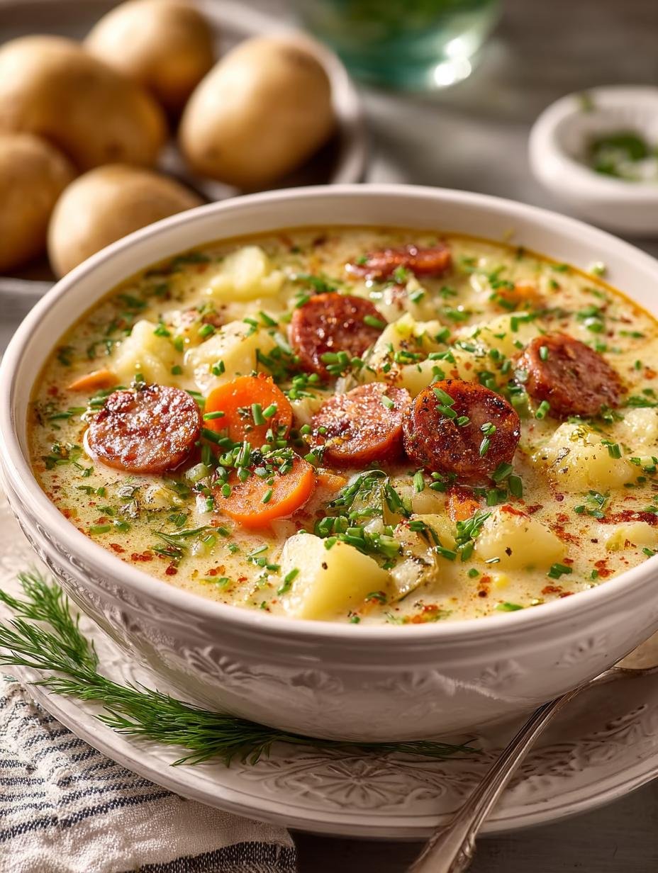 Verwarmende kom Deftige Kartoffelsuppe Mit Knackigen met knapperige worstjes en verse peterselie