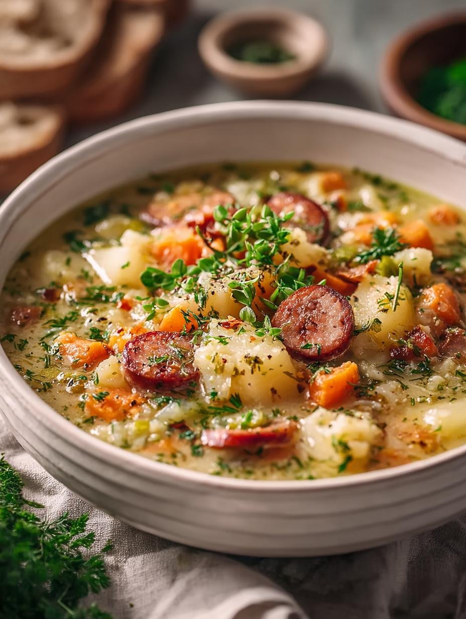 Close-up van Deftige Kartoffelsuppe Mit Knackigen met worstjes, romige textuur en peterselie garnering