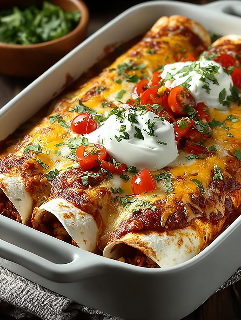 Close-up van een portie Enchiladas met zure room en verse koriander
