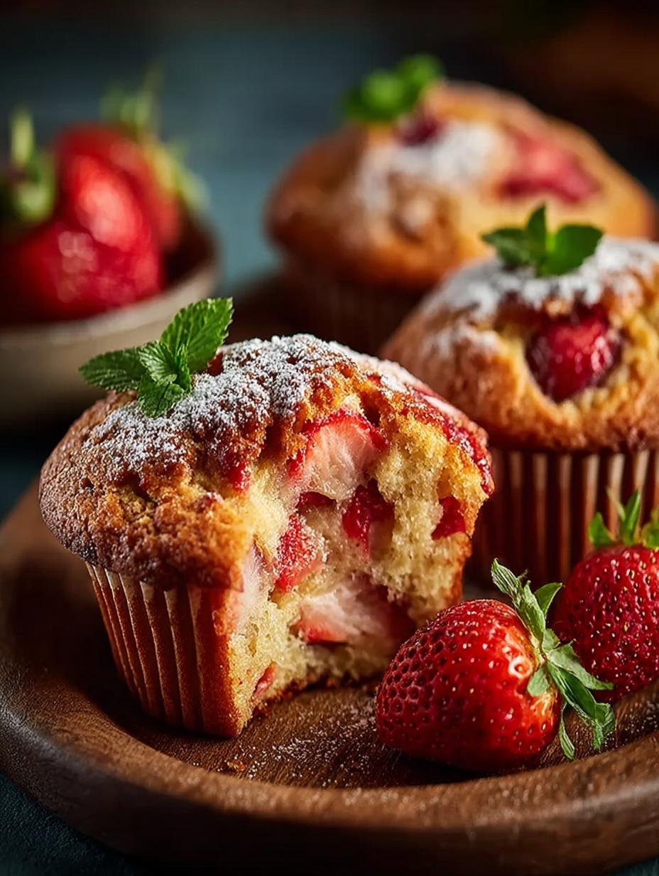 Close-up van een perfect gebakken Erdbeer Muffin Ohne Zucker, met zichtbare stukjes aardbei en een luchtige textuur.