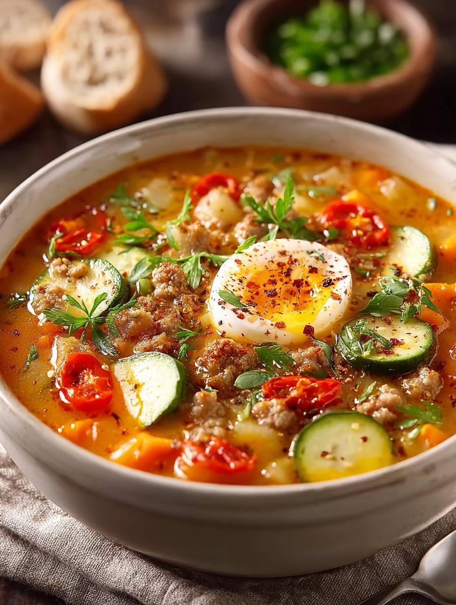 Verrukkelijke Friss Dich Dumm Suppe met gehakt en groenten, klaar om te serveren in een kom