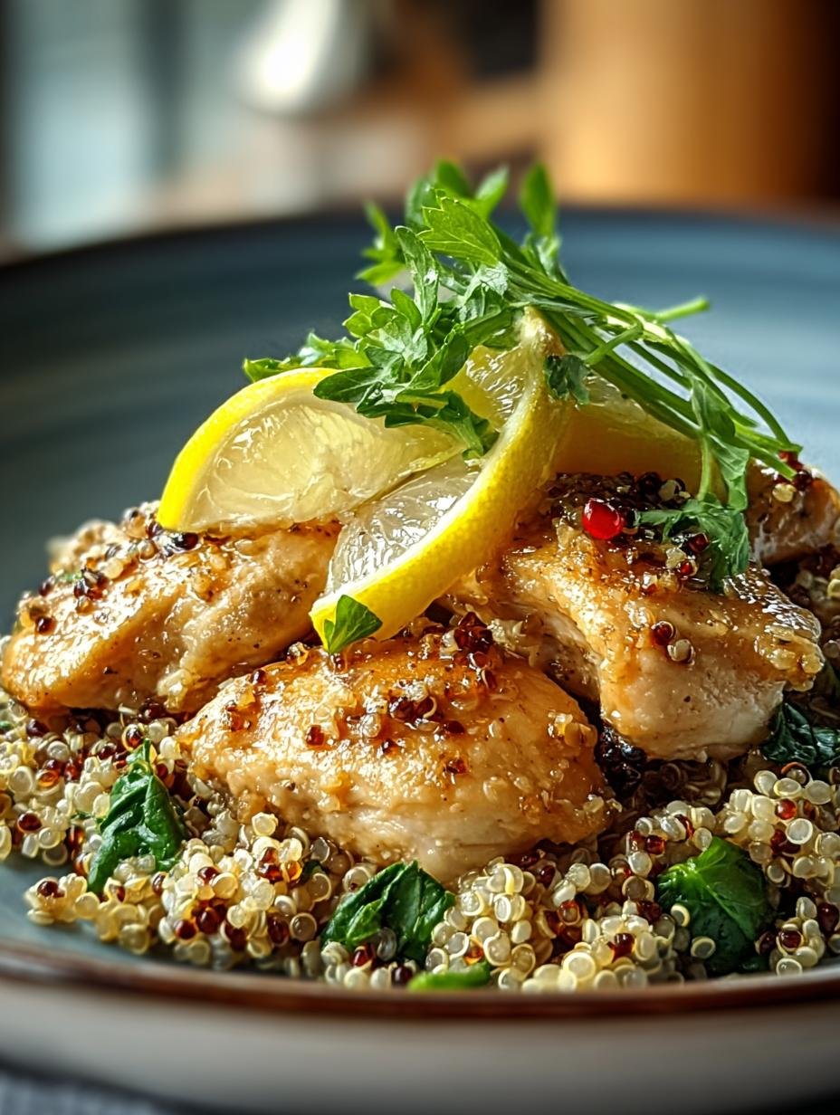Knoflook Citroen Kip Quinoa: 1 Pan, Groots Genot - Garlic Lemon Chicken Quinoa - close-up van de perfect gegaarde kip en quinoa