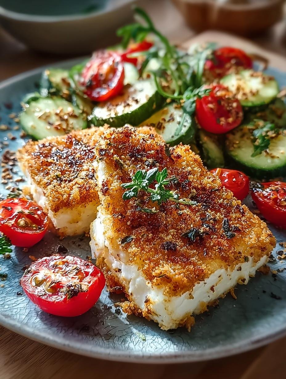 Een portie Gebackener Feta Low Carb geserveerd met verse salade en kruiden, perfect voor een gezonde maaltijd.
