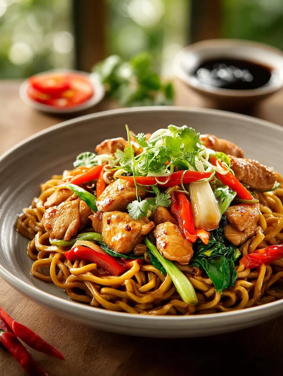 Close-up van Gebraden Noedels Met Hähnchen, met malse kip, knapperige groenten en smaakvolle noedels