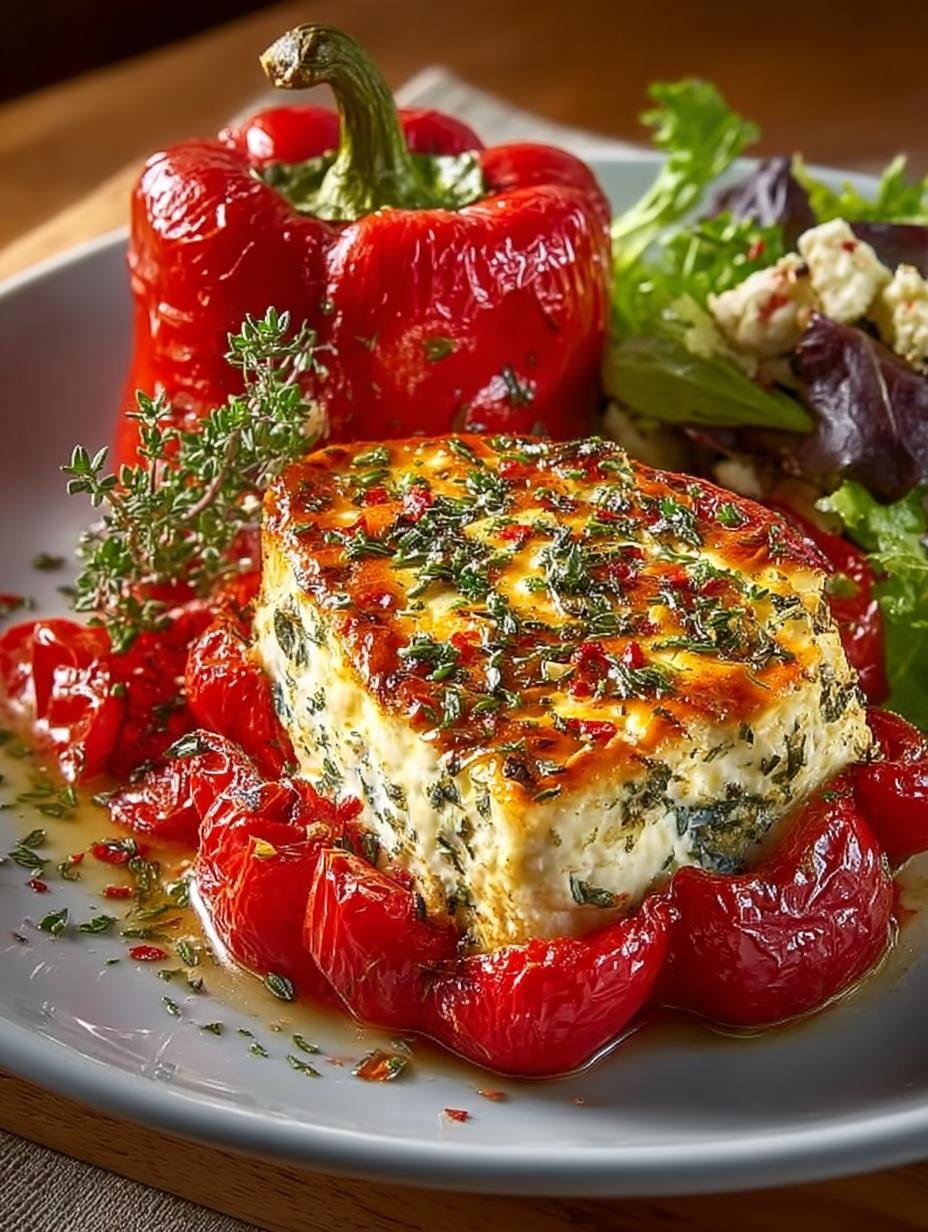 Close-up van een perfect gebakken Gefüllte Feta Paprika Mit, met goudbruine feta en zachte paprika