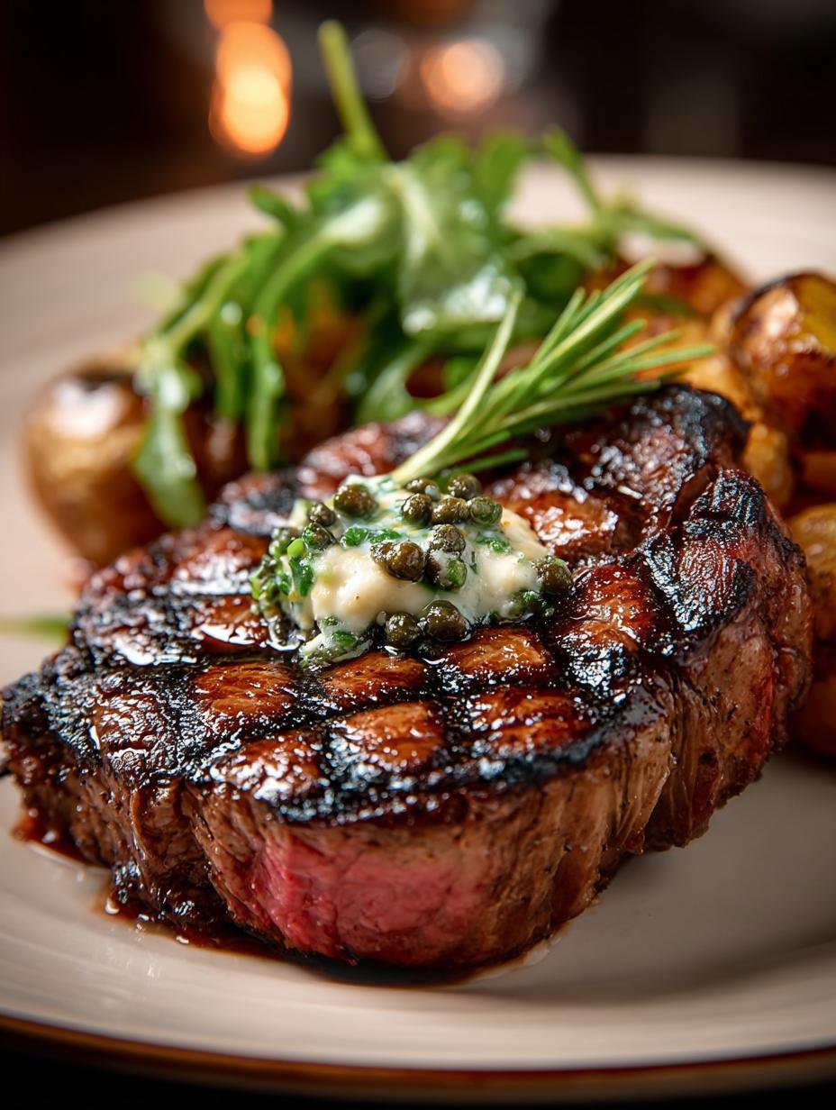 Verrukkelijke Gegrilltes Ribeye Mit Trueffelbutter geserveerd met frisse waterkerspuree en knapperige kappertjes