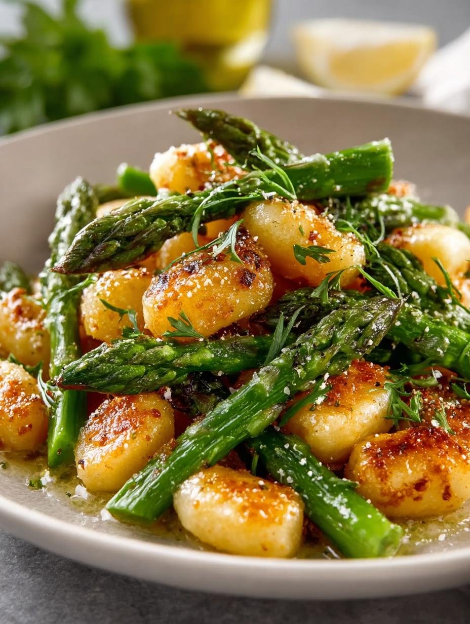 Heerlijke Gnocchi Met Groene Asperges in romige saus, klaar om te serveren - Gnocchi Mit Gruenem Spargel - main visual representation