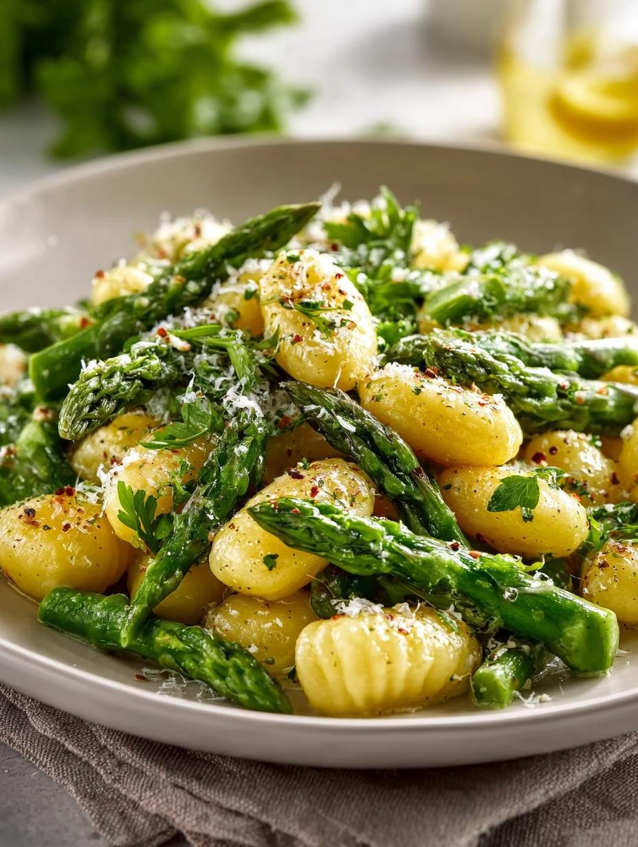 Close-up van Gnocchi Met Groene Asperges in een pan, perfect bereid - Gnocchi Mit Gruenem Spargel - additional detail