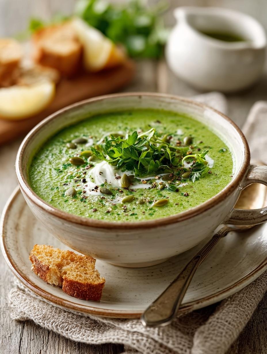 Close-up van Green Goddess Kraeutersuppe Cremig met verse kruiden en een lepel, klaar om te eten