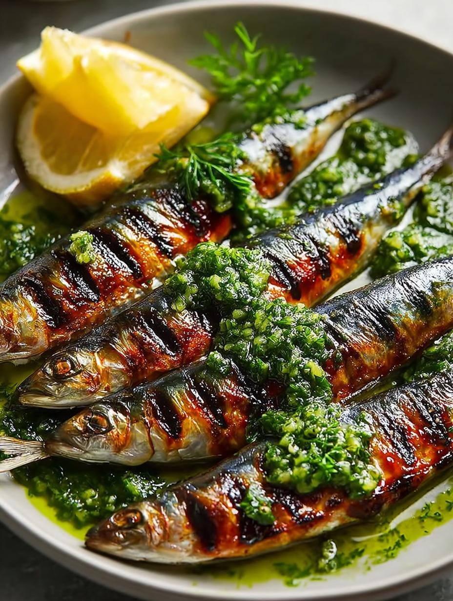 Close-up van perfect gegrilde sardines op een schaal, besprenkeld met groene chilisaus en verse koriander