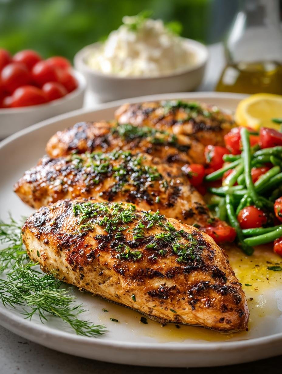 Close-up van perfect gegrilde Haehnchen Vom Grill Mediterran met een goudbruine korst en verse kruiden