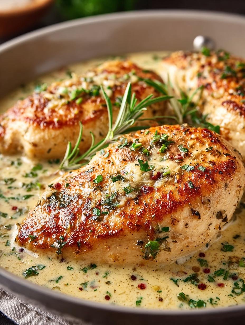 Heerlijke Haehnchenfilet Cremiger Knoblauchsauce Einfach geserveerd met verse peterselie en een romige saus