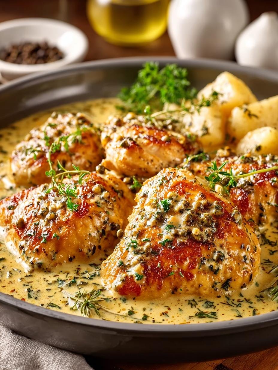 Heerlijke Haehnchenpfanne Honig Senfsosse Cremig met malse kip en romige saus, klaar om te serveren