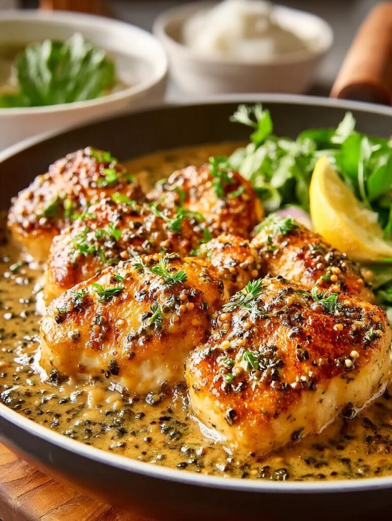 Haehnchenpfanne Honig Senfsosse Cremig