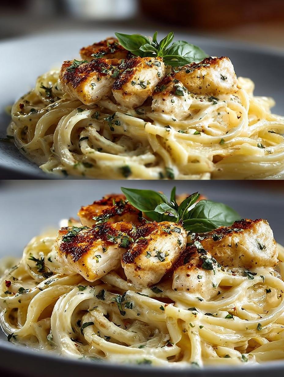 Heerlijke Hahnchen Alfredo Spaghetti Fur met romige saus en malse kip, klaar om te serveren
