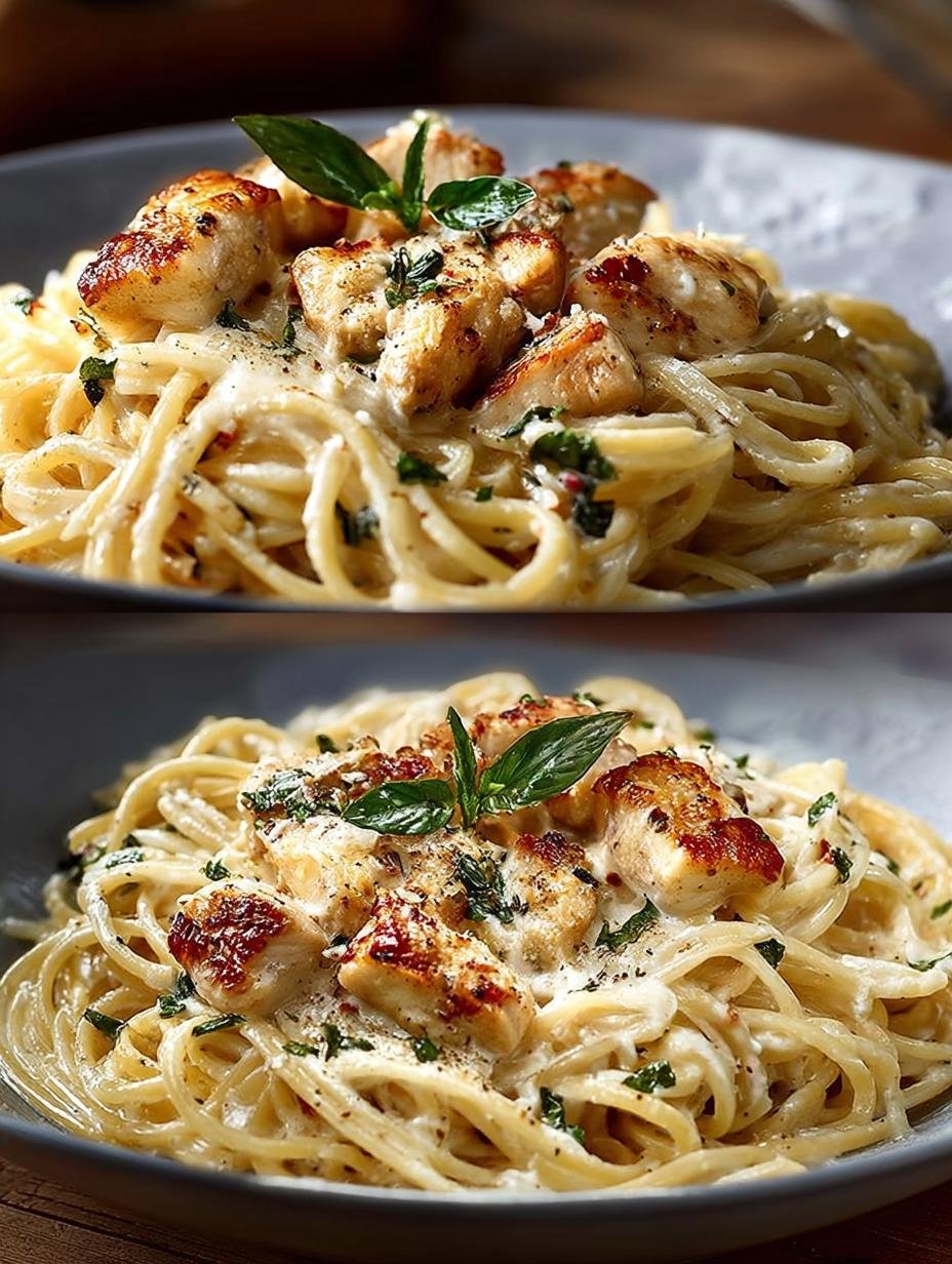 Close-up van romige Hahnchen Alfredo Spaghetti Fur met verse peterselie en Parmezaanse kaas