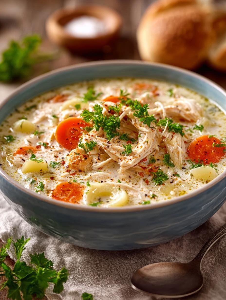 Heerlijke romige Heirate Mich Haehnchensuppe Cremig met verse kruiden en Parmezaanse kaas, perfect voor een troostende maaltijd
