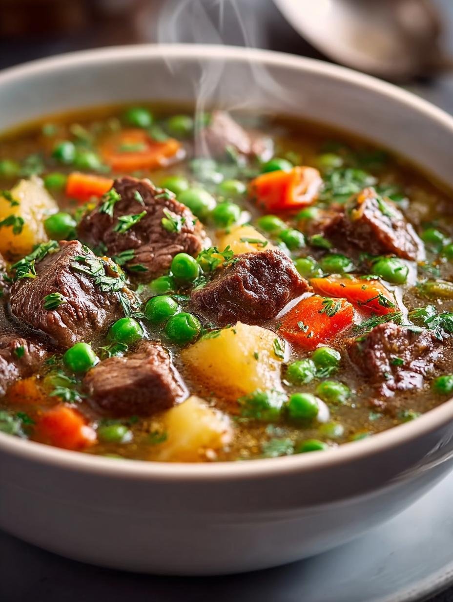 Verwarmende Hartige Rindfleisch Gemuesesuppe met mals rundvlees en verse groenten, geserveerd in een witte kom