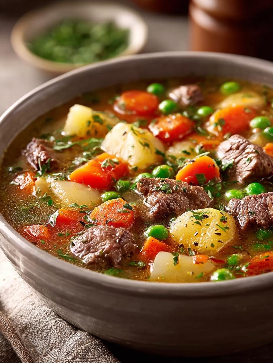 Kom met dampende Hartige Rindfleisch Gemuesesuppe, rijk aan rundvlees en diverse groenten, klaar om te serveren