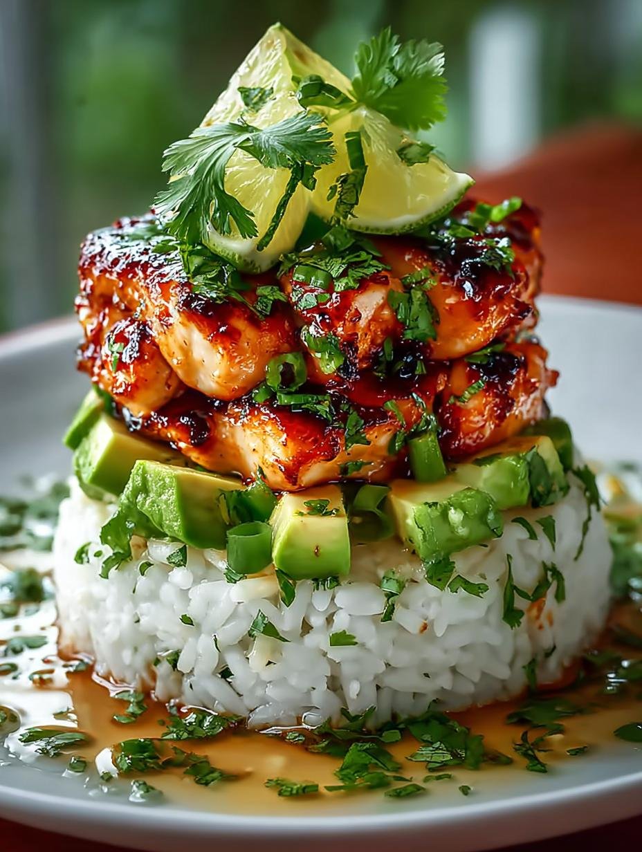 Verrukkelijke Honing Limoen Kip Avocado geserveerd met rijst en verse kruiden, klaar om te eten.