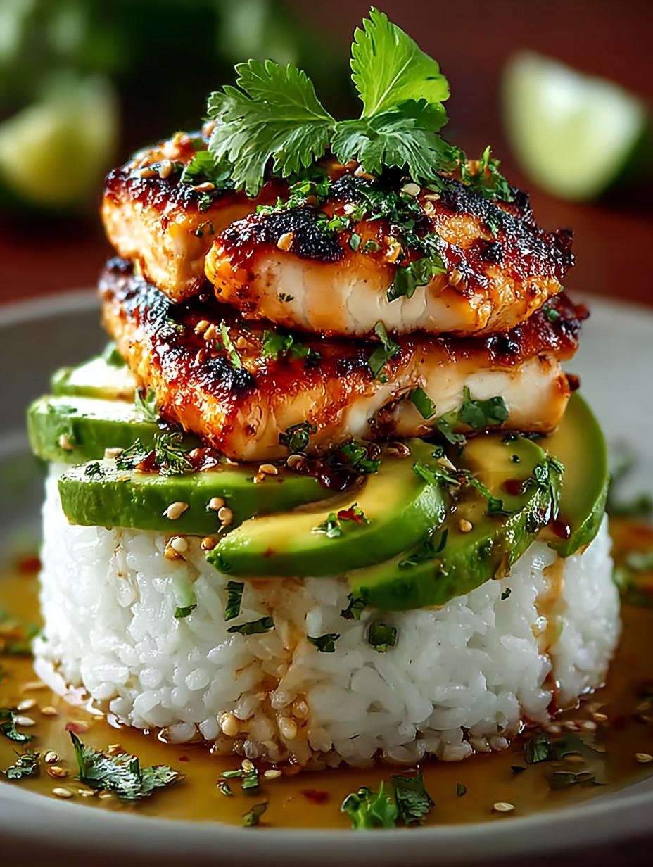 Close-up van Honing Limoen Kip Avocado met rijst en verse koriander, klaar om te eten.