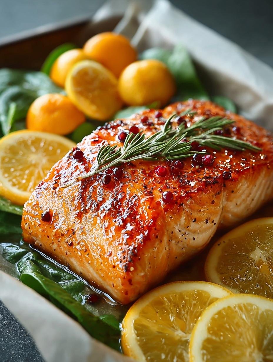 Verrukkelijke Ingredient Orange Salmon met verse sinaasappelschijfjes en kruiden, klaar om te serveren
