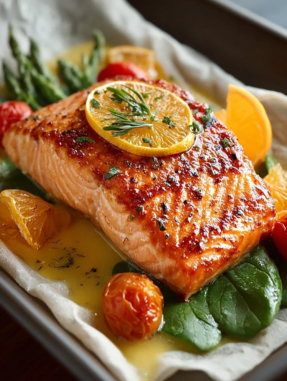 Close-up van perfect gebakken Ingredient Orange Salmon met sinaasappelglazuur en verse kruiden