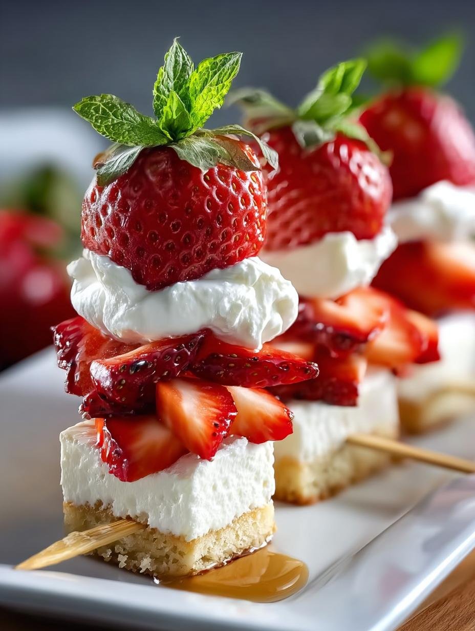 Onweerstaanbare Aardbeien Shortcake Spiesjes met verse aardbeien, luchtige cake en romige slagroom, perfect voor een zomerse traktatie