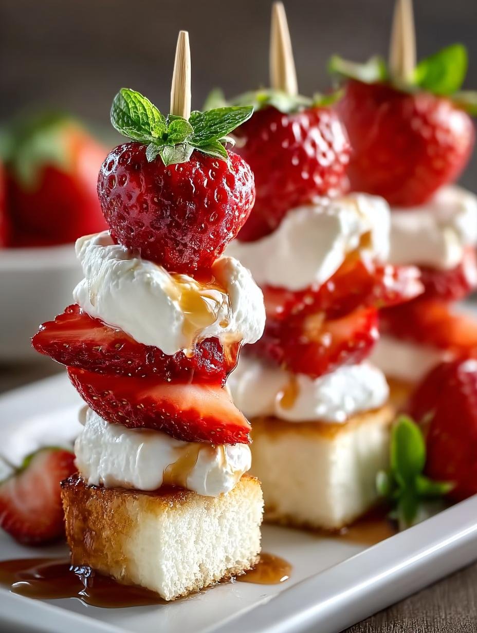 Close-up van Onweerstaanbare Aardbeien Shortcake Spiesjes met lagen van aardbei, cake en slagroom, klaar om te serveren